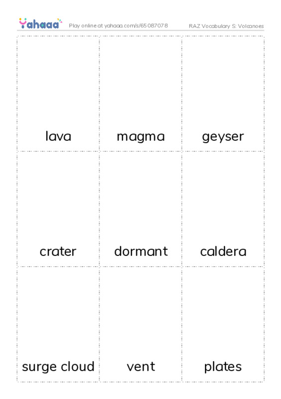 RAZ Vocabulary S: Volcanoes PDF flaschards with images