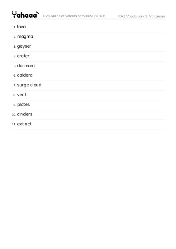 RAZ Vocabulary S: Volcanoes PDF words glossary
