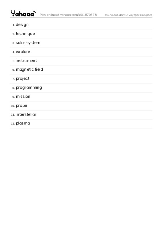 RAZ Vocabulary S: Voyagers in Space PDF words glossary
