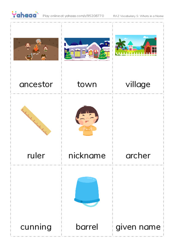 RAZ Vocabulary S: Whats in a Name PDF flaschards with images