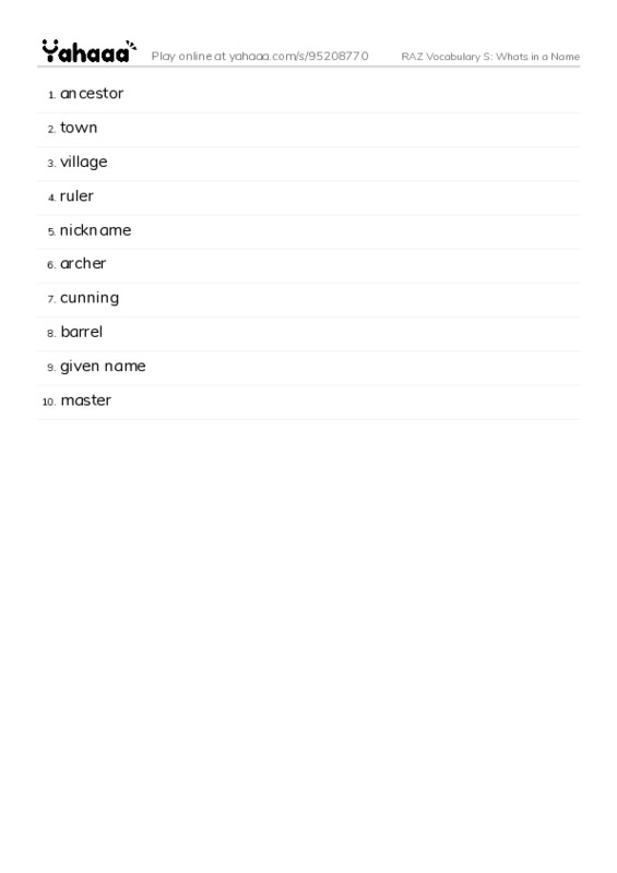 RAZ Vocabulary S: Whats in a Name PDF words glossary
