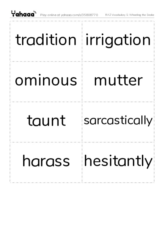 RAZ Vocabulary S: Wheeling the Snake PDF two columns flashcards