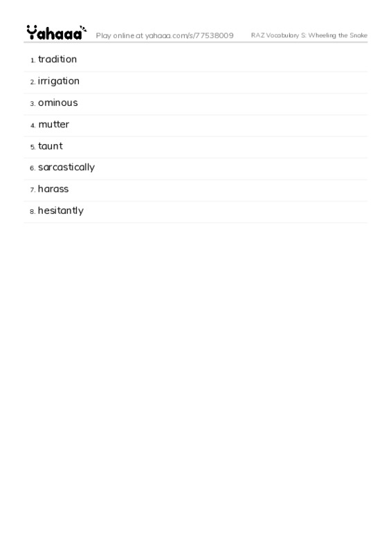 RAZ Vocabulary S: Wheeling the Snake PDF words glossary