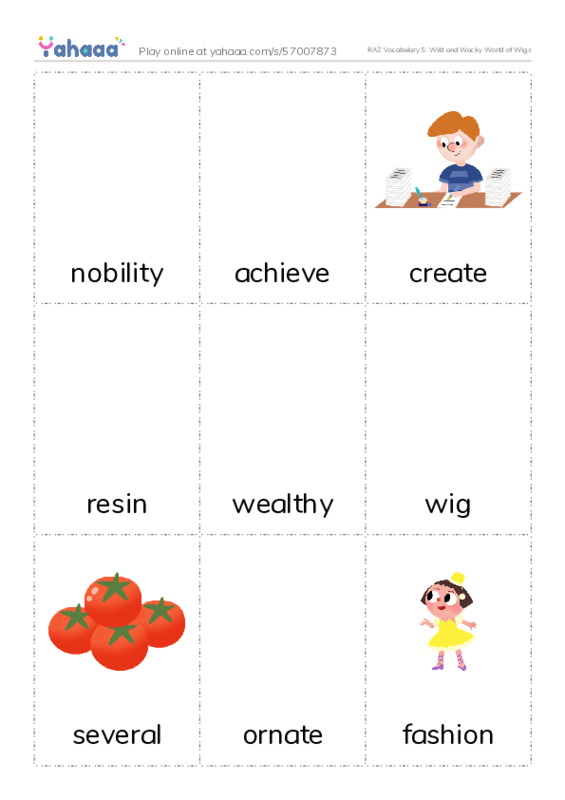 RAZ Vocabulary S: Wild and Wacky World of Wigs PDF flaschards with images