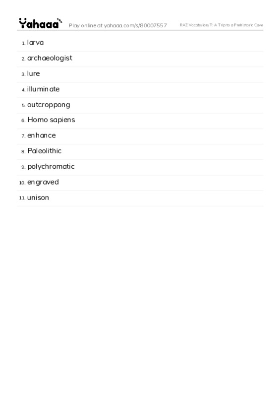 RAZ Vocabulary T: A Trip to a Prehistoric Cave PDF words glossary