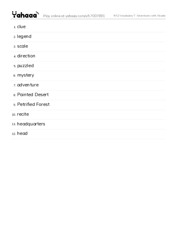 RAZ Vocabulary T: Adventures with Abuela PDF words glossary