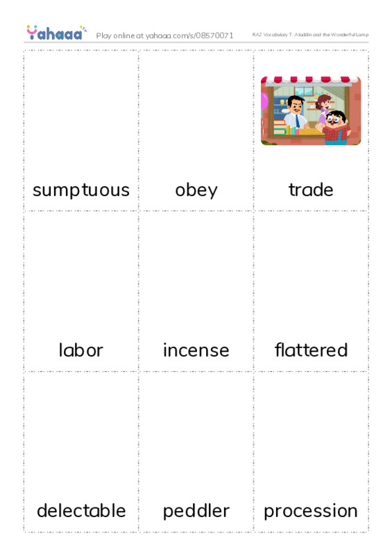 RAZ Vocabulary T: Aladdin and the Wonderful Lamp PDF flaschards with images