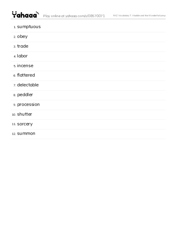 RAZ Vocabulary T: Aladdin and the Wonderful Lamp PDF words glossary