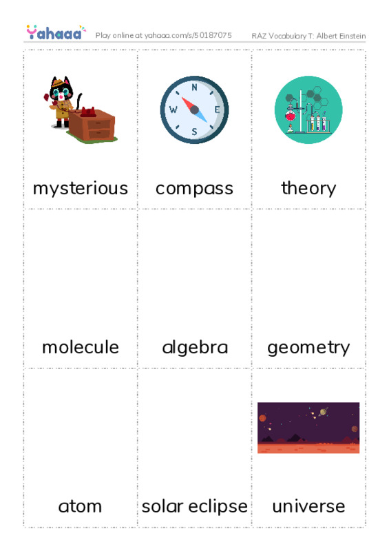 RAZ Vocabulary T: Albert Einstein PDF flaschards with images