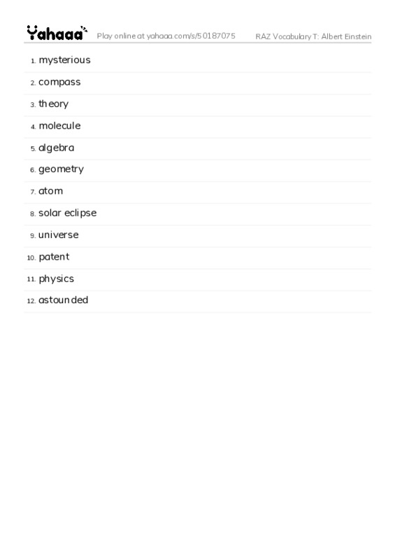 RAZ Vocabulary T: Albert Einstein PDF words glossary