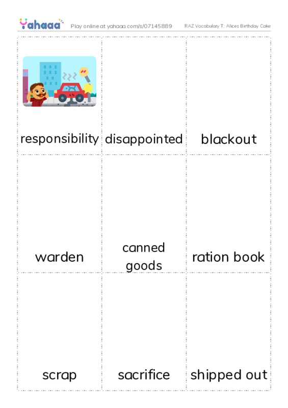 RAZ Vocabulary T: Alices Birthday Cake PDF flaschards with images