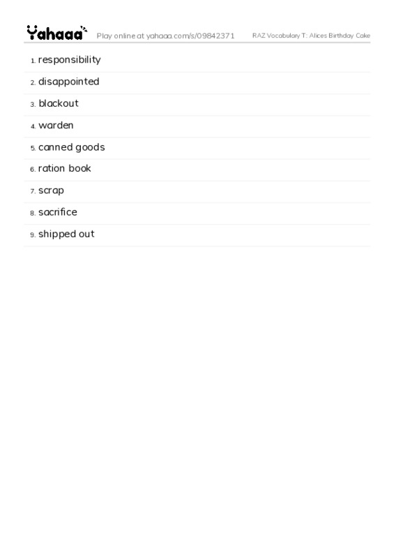 RAZ Vocabulary T: Alices Birthday Cake PDF words glossary