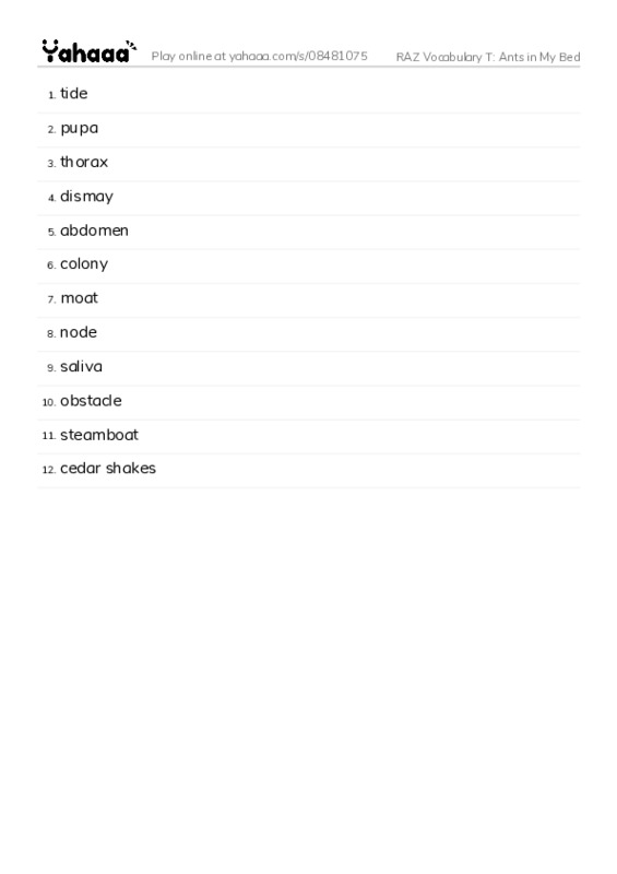 RAZ Vocabulary T: Ants in My Bed PDF words glossary