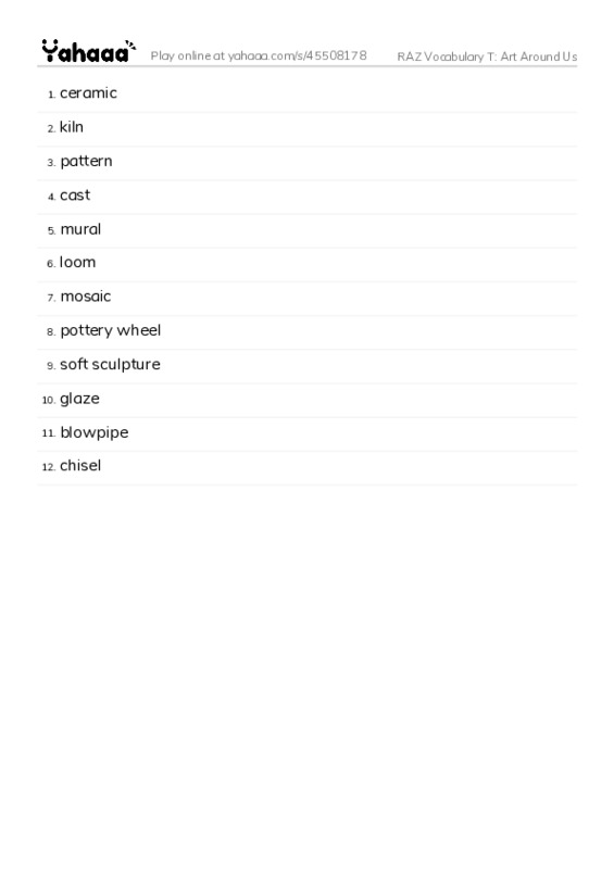 RAZ Vocabulary T: Art Around Us PDF words glossary