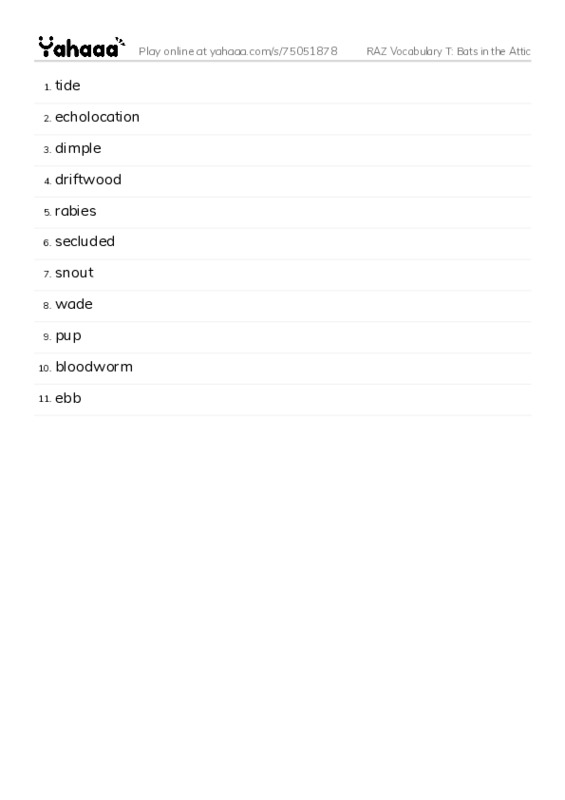 RAZ Vocabulary T: Bats in the Attic PDF words glossary