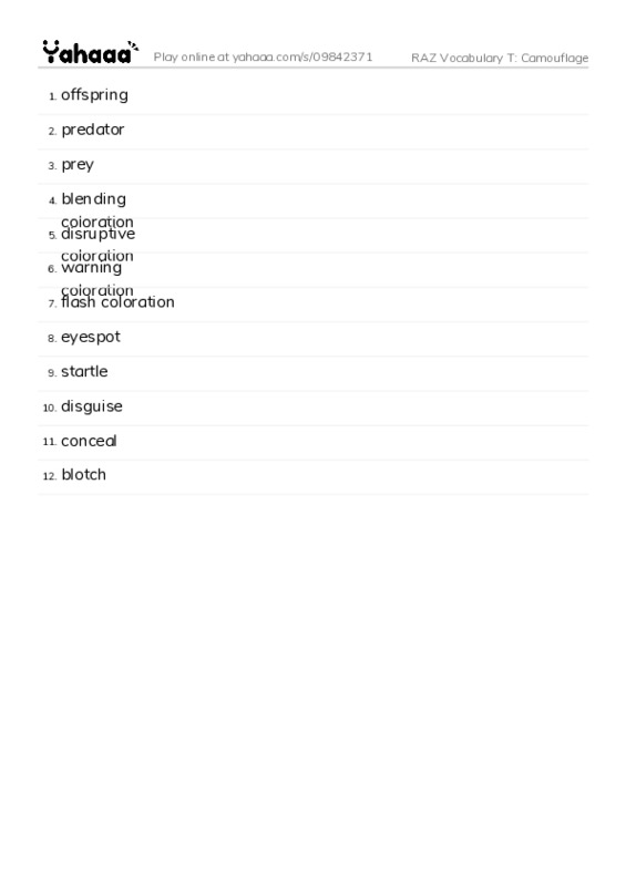 RAZ Vocabulary T: Camouflage PDF words glossary