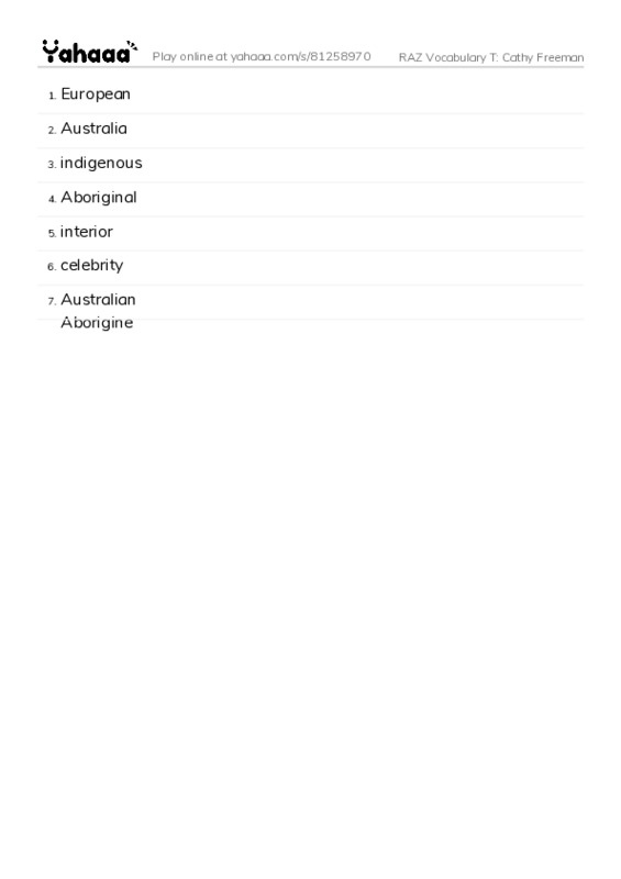 RAZ Vocabulary T: Cathy Freeman PDF words glossary