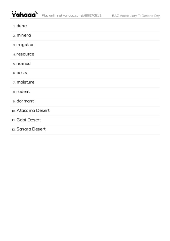 RAZ Vocabulary T: Deserts Dry PDF words glossary