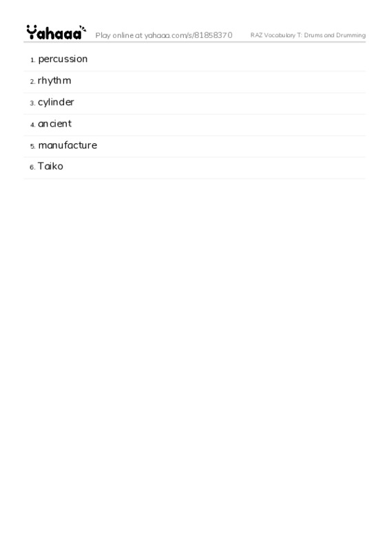 RAZ Vocabulary T: Drums and Drumming PDF words glossary