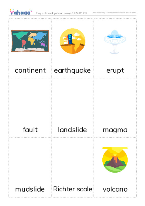 RAZ Vocabulary T: Earthquakes Volcanoes and Tsunamis PDF flaschards with images