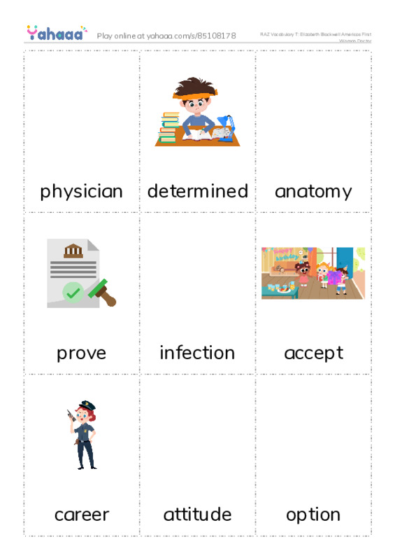 RAZ Vocabulary T: Elizabeth Blackwell Americas FIrst Woman Doctor PDF flaschards with images