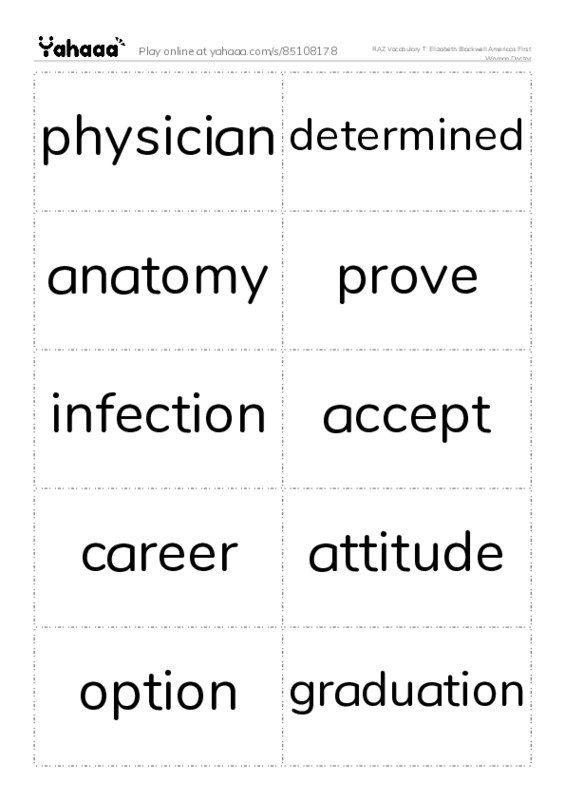 RAZ Vocabulary T: Elizabeth Blackwell Americas FIrst Woman Doctor PDF two columns flashcards