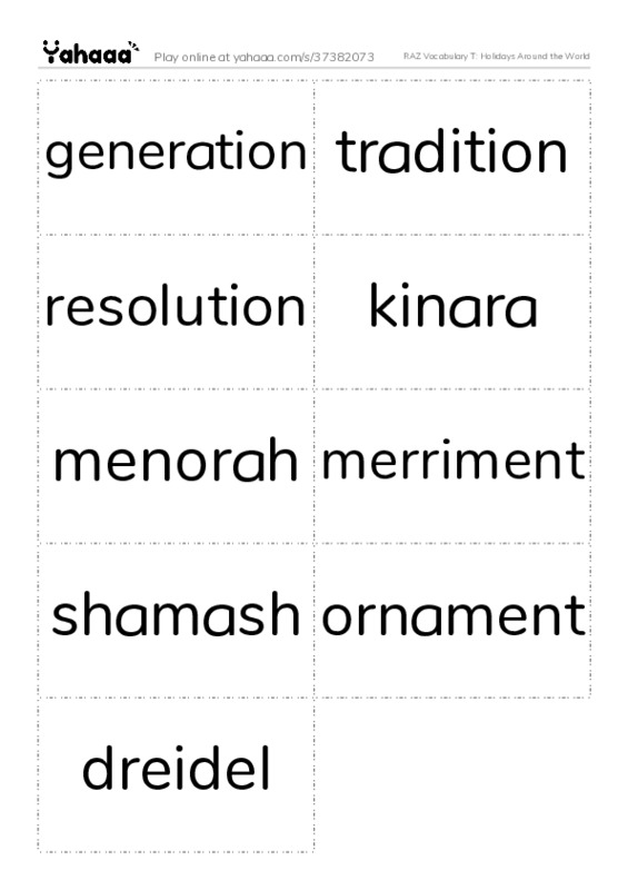 RAZ Vocabulary T: Holidays Around the World PDF two columns flashcards