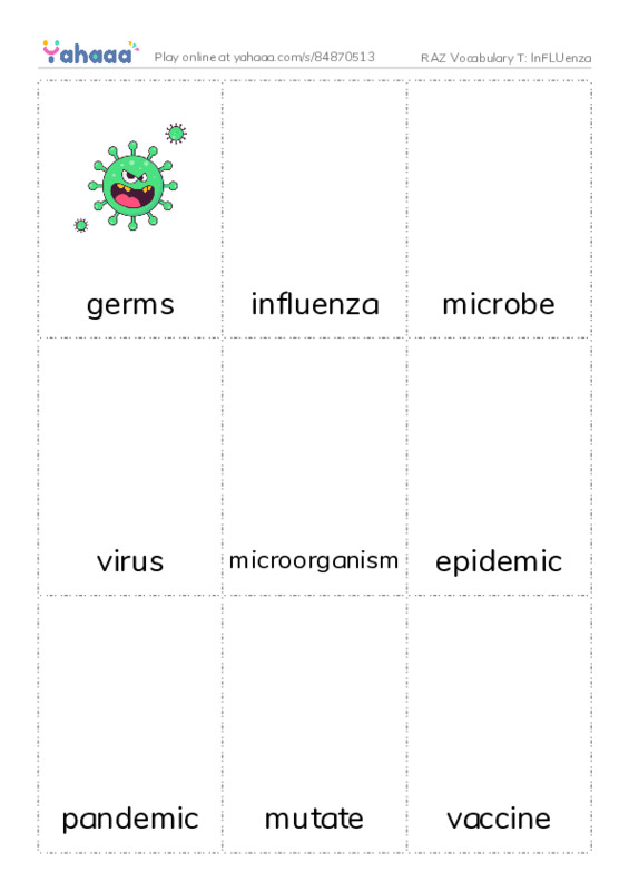RAZ Vocabulary T: InFLUenza PDF flaschards with images