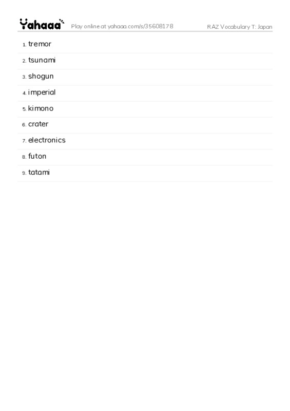 RAZ Vocabulary T: Japan PDF words glossary