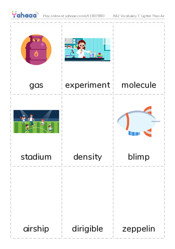 RAZ Vocabulary T: Lighter Than Air PDF flaschards with images