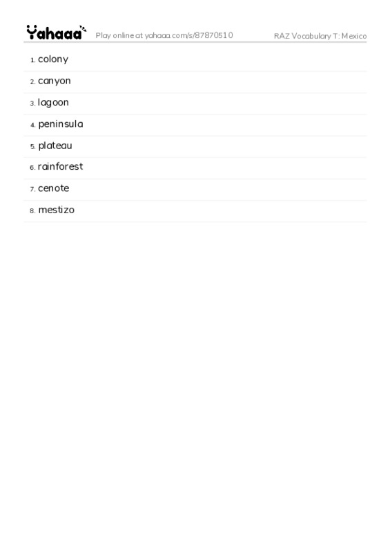 RAZ Vocabulary T: Mexico PDF words glossary