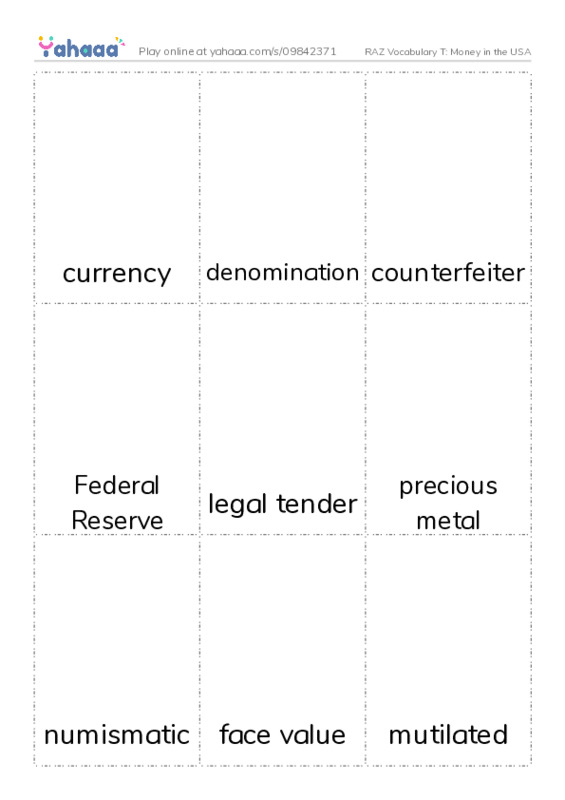 RAZ Vocabulary T: Money in the USA PDF flaschards with images