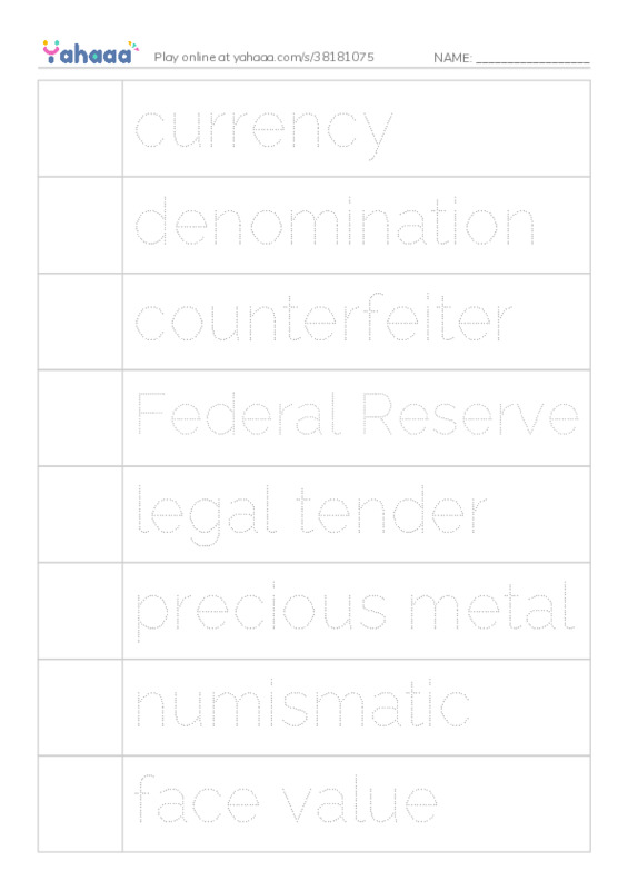 RAZ Vocabulary T: Money in the USA PDF one column image words