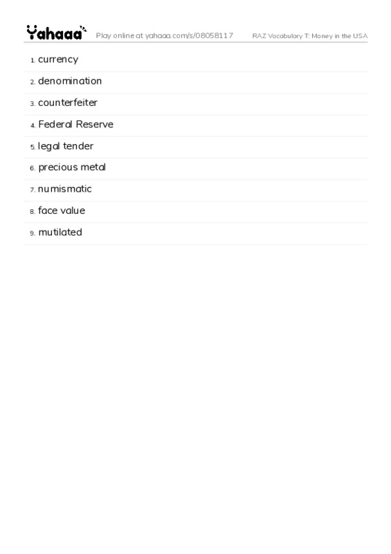 RAZ Vocabulary T: Money in the USA PDF words glossary