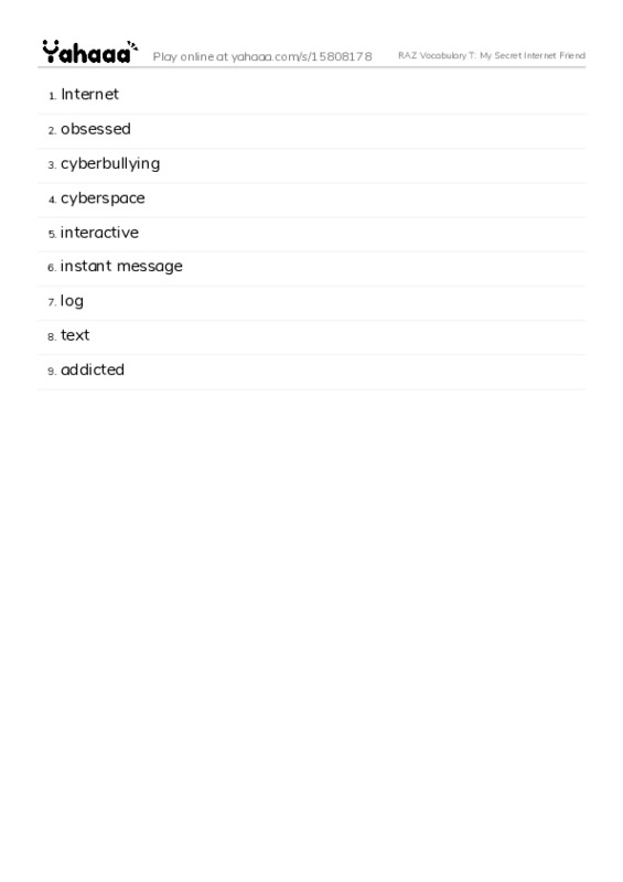 RAZ Vocabulary T: My Secret Internet Friend PDF words glossary
