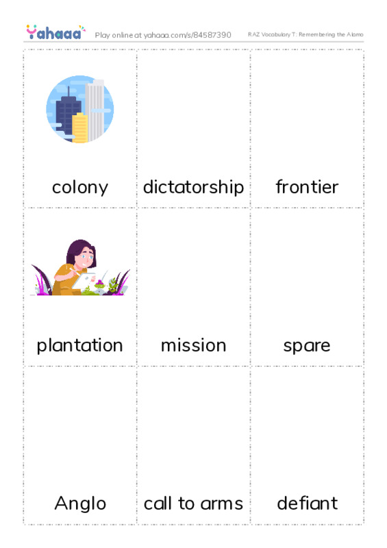 RAZ Vocabulary T: Remembering the Alamo PDF flaschards with images