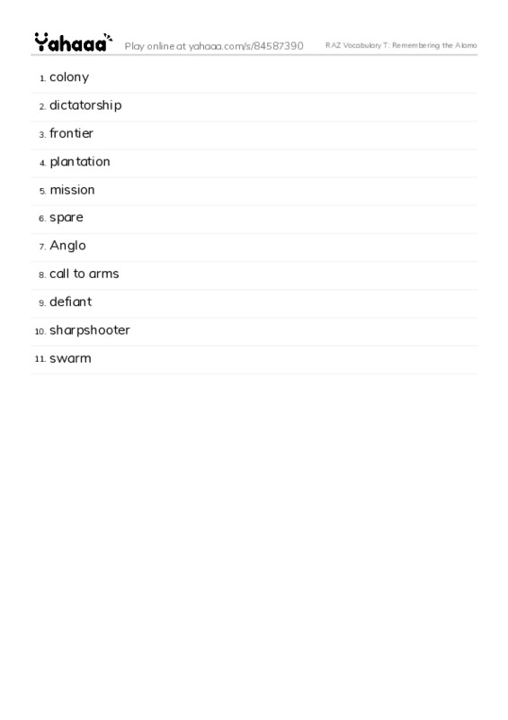 RAZ Vocabulary T: Remembering the Alamo PDF words glossary
