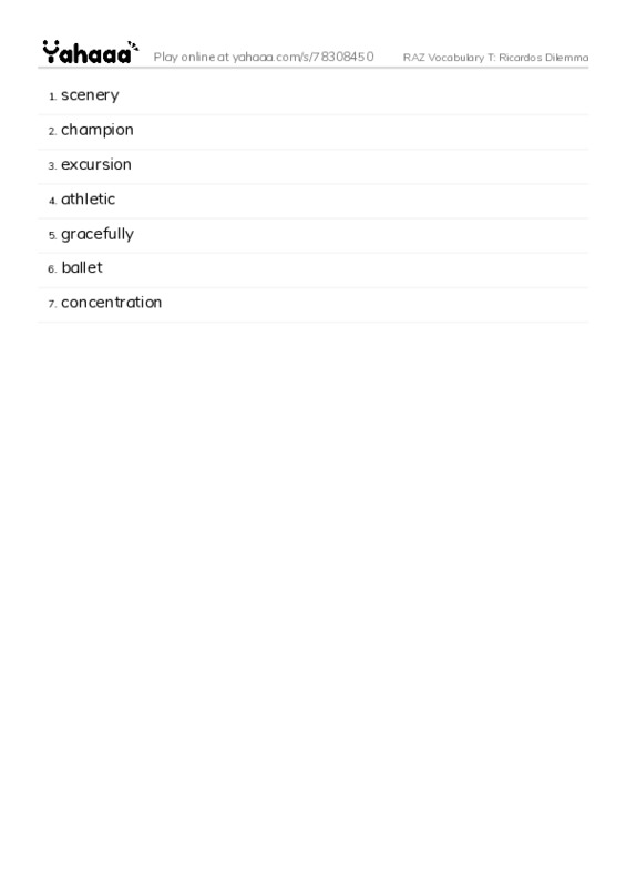 RAZ Vocabulary T: Ricardos Dilemma PDF words glossary