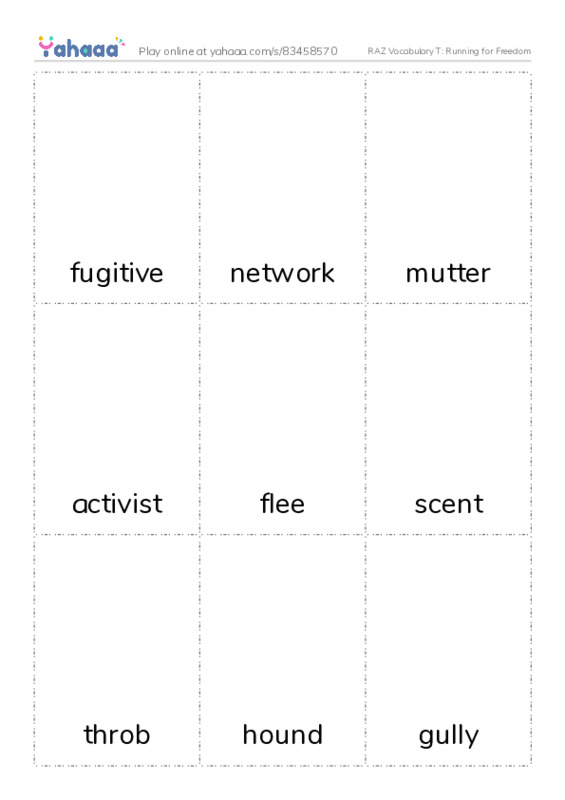 RAZ Vocabulary T: Running for Freedom PDF flaschards with images