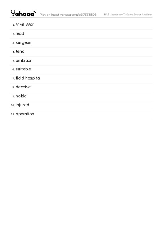 RAZ Vocabulary T: Sallys Secret Ambition PDF words glossary