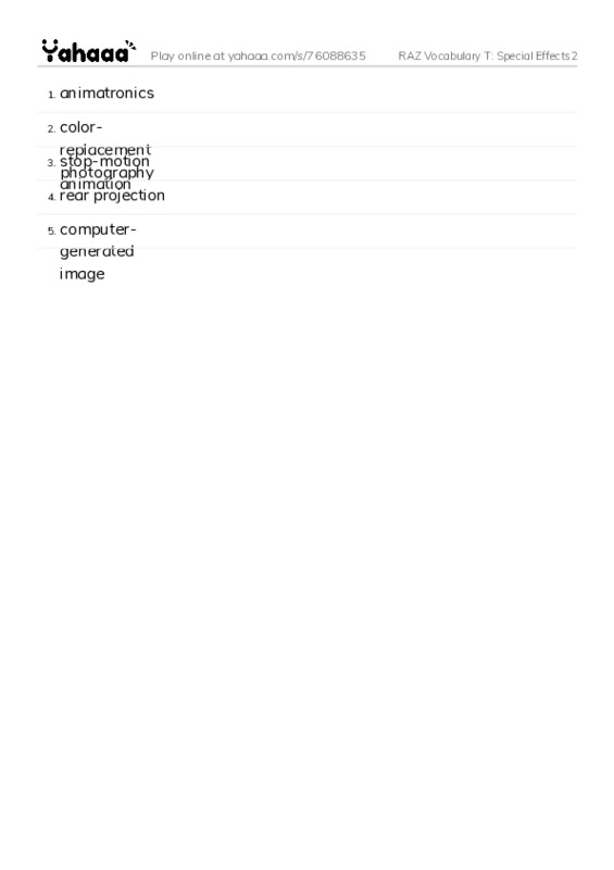 RAZ Vocabulary T: Special Effects2 PDF words glossary