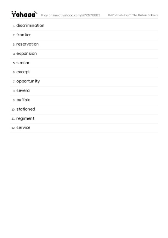 RAZ Vocabulary T: The Buffalo Soldiers PDF words glossary