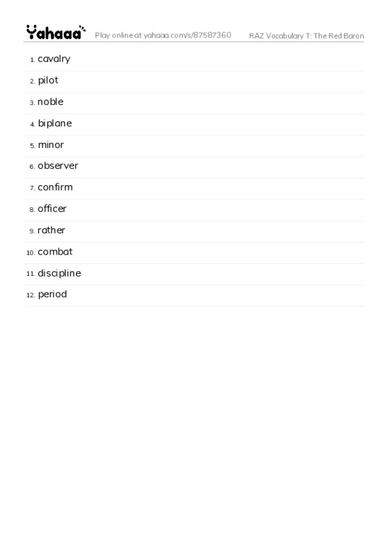 RAZ Vocabulary T: The Red Baron PDF words glossary