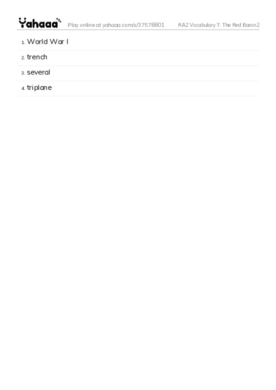 RAZ Vocabulary T: The Red Baron2 PDF words glossary
