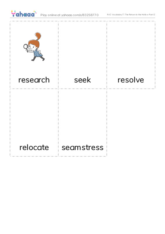 RAZ Vocabulary T: The Return to the Hollow Part I2 PDF flaschards with images
