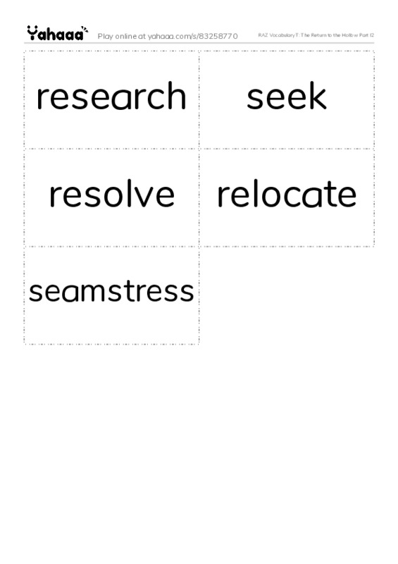 RAZ Vocabulary T: The Return to the Hollow Part I2 PDF two columns flashcards