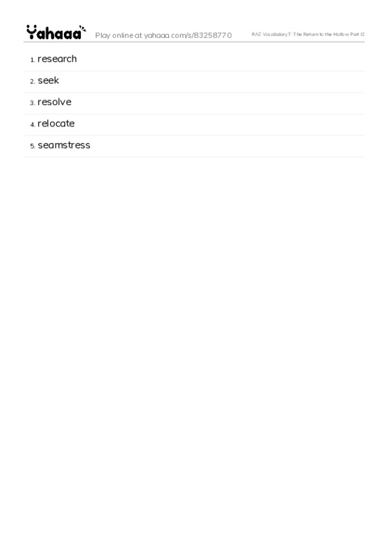 RAZ Vocabulary T: The Return to the Hollow Part I2 PDF words glossary