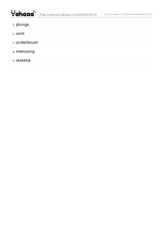 RAZ Vocabulary T: The Return to the Hollow Part II2 PDF words glossary