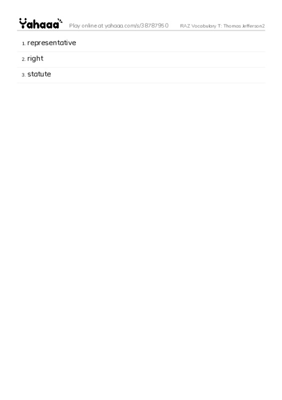 RAZ Vocabulary T: Thomas Jefferson2 PDF words glossary
