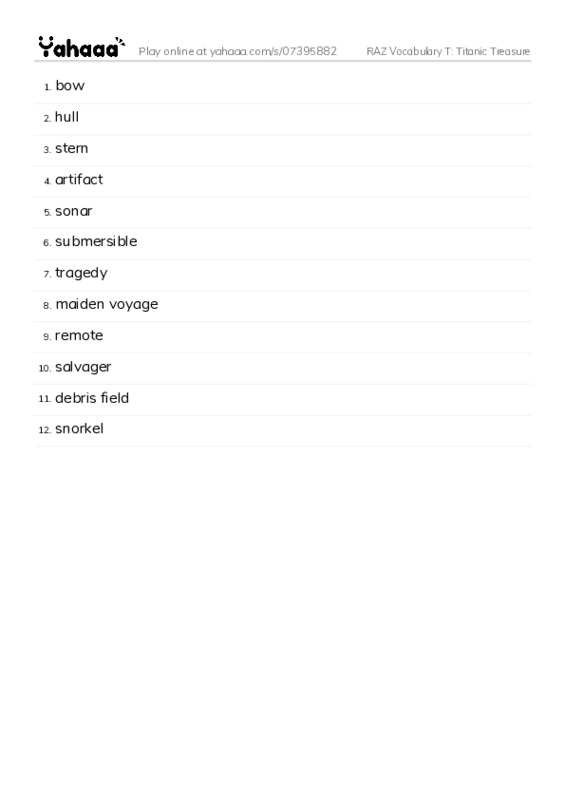 RAZ Vocabulary T: Titanic Treasure PDF words glossary